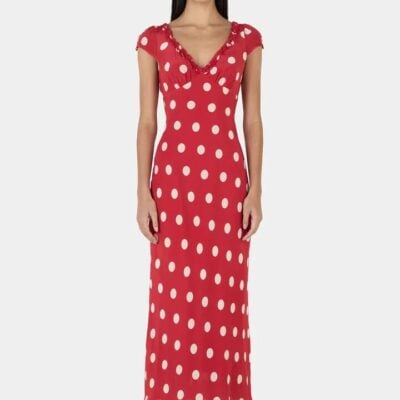 Ownley Carlita Red Polka SS Back Tie Midi Dress