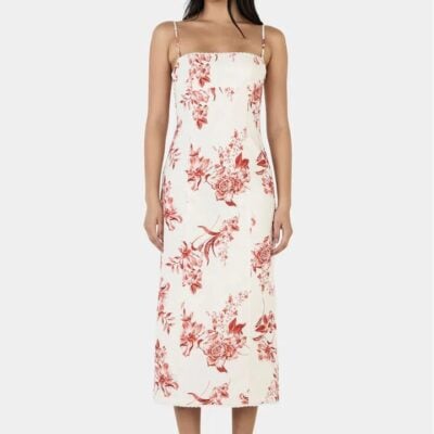 Ownley Ophelia White Holiday Floral Strappy Midi Dress