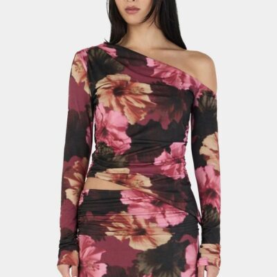 Ownley Pearla Winter Hibiscus Print Asym Neck LS Top