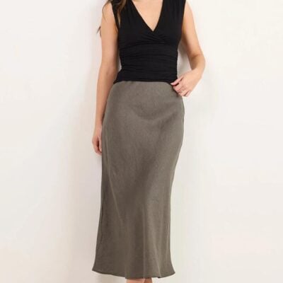 RE:UNION Label Bliss Dark Olive Linen Bias Midi Skirt