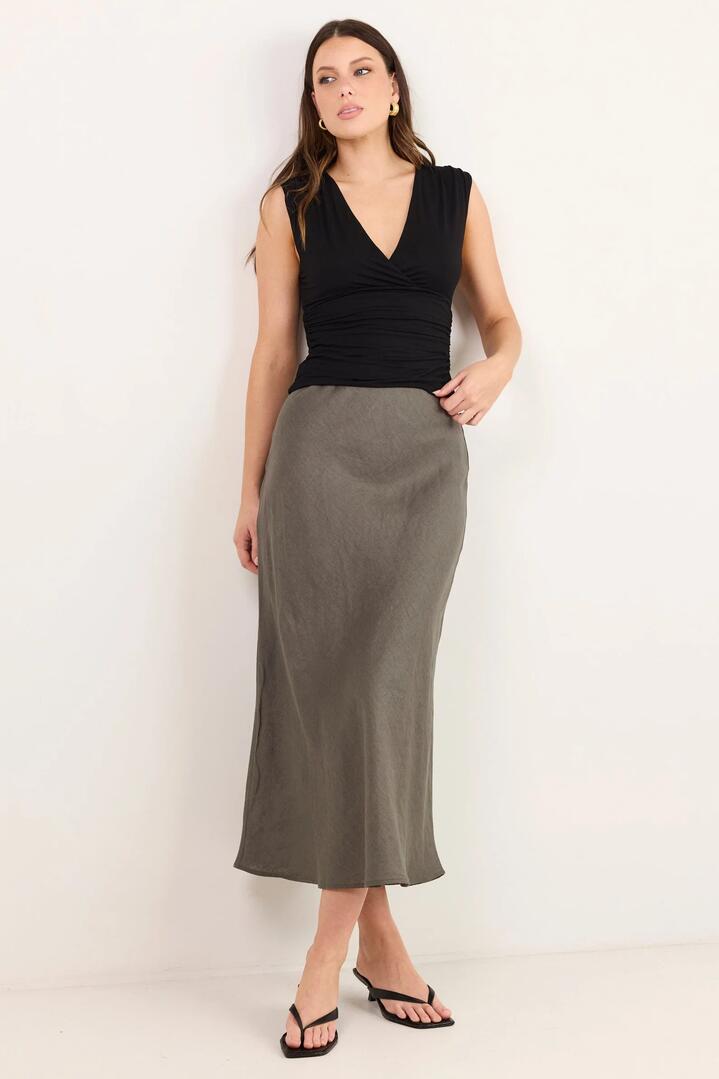 RE:UNION Label Bliss Dark Olive Linen Bias Midi Skirt