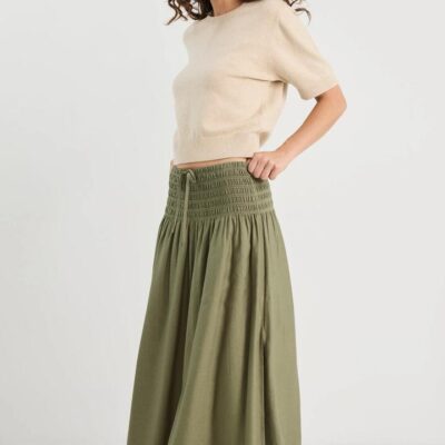 RE:UNION Label Byron Olive Linen Shirred Waist Maxi Skirt