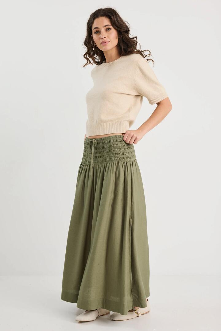 RE:UNION Label Byron Olive Linen Shirred Waist Maxi Skirt