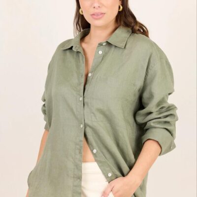 RE:UNION Label Uplifted Soft Khaki Linen Oversized Shirt