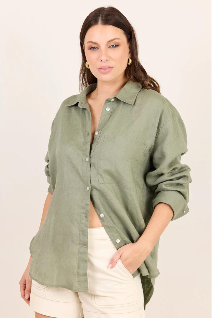 RE:UNION Label Uplifted Soft Khaki Linen Oversized Shirt