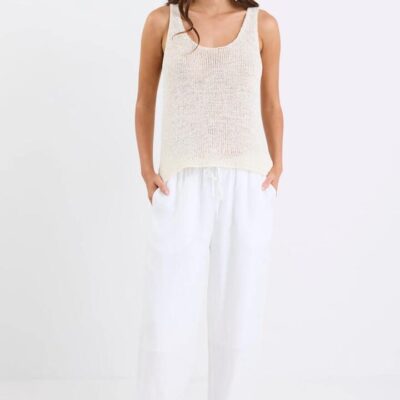 RE:UNION Label Wellness White Linen Pull On Wide Leg Pants