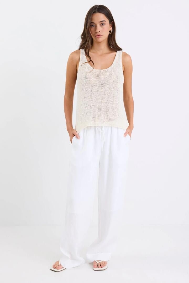RE:UNION Label Wellness White Linen Pull On Wide Leg Pants