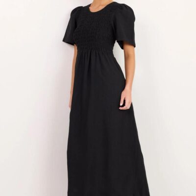 RE:UNION Label Wren Black Linen Blend SS Shirred Bodice Midi Dress