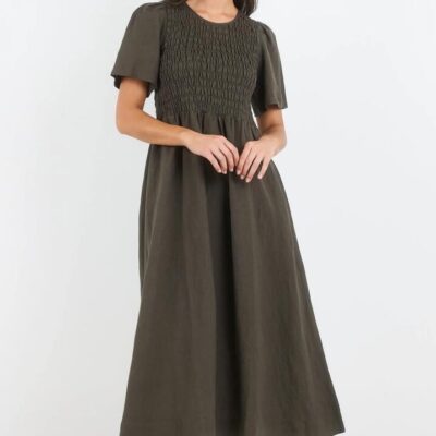 RE:UNION Label Wren Dark Olive Linen Blend SS Shirred Bodice Midi Dress