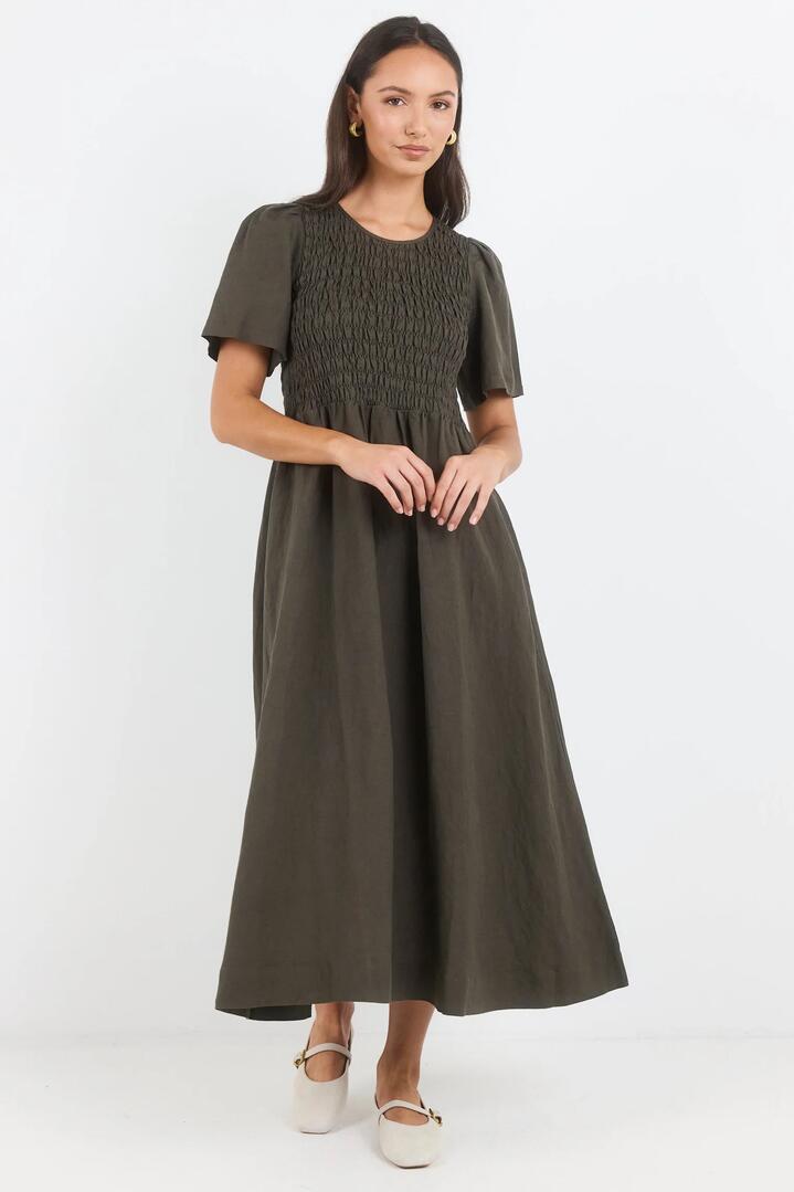RE:UNION Label Wren Dark Olive Linen Blend SS Shirred Bodice Midi Dress