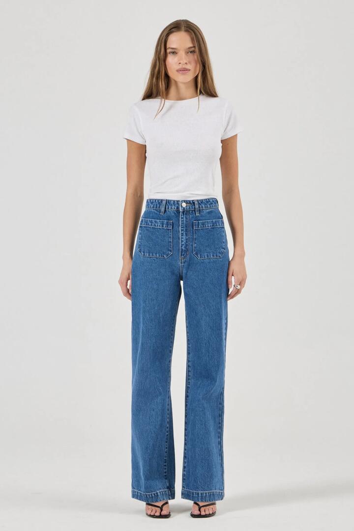 Rollas Sailor Ashley Blue Front Pocket Wide Long Denim Jean