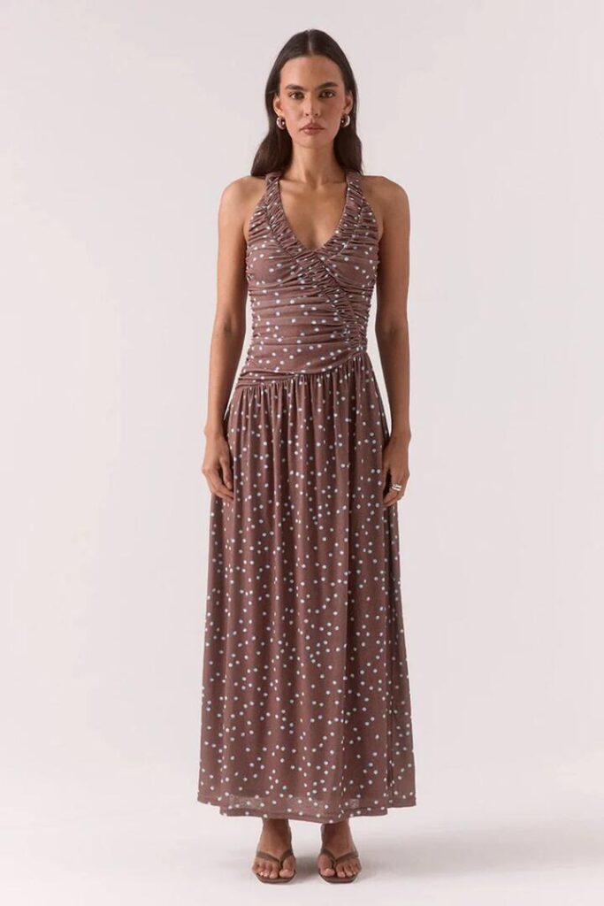 Sovere Delilah Mocha Polka Dot Sleeveless Maxi Dress