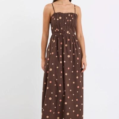 Stories be Told Bali Chocolate Multi Polka Dot Pleated Bodice Strappy Maxi Dress