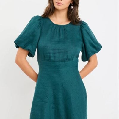 Stories be Told Delphine Forest Linen Puff Sleeve Mini Dress