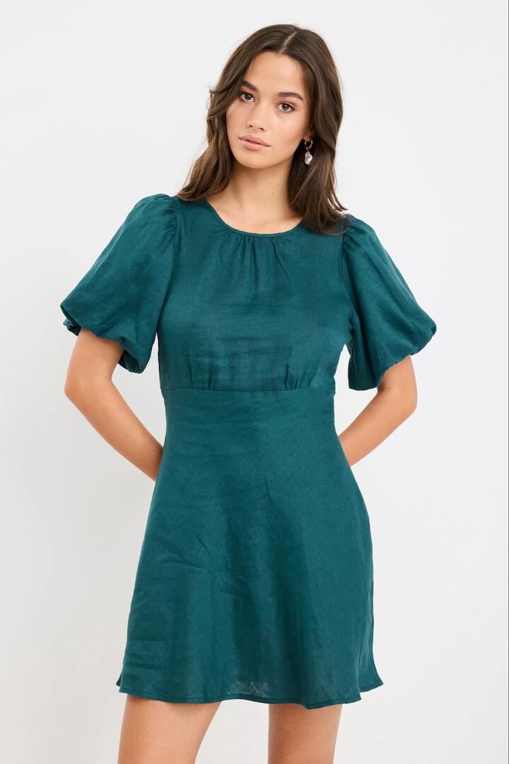 Stories be Told Delphine Forest Linen Puff Sleeve Mini Dress