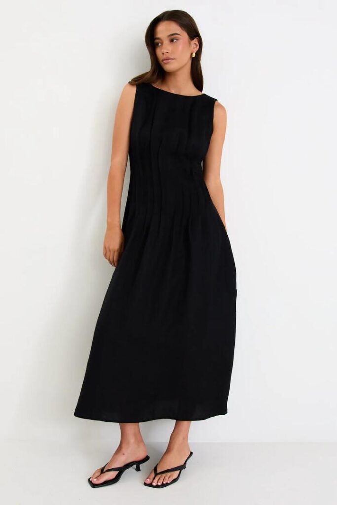 Stories be Told Exploration Black Linen Blend Pintuck Maxi Dress