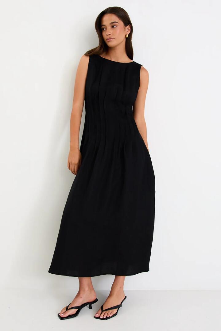 Stories be Told Exploration Black Linen Blend Pintuck Maxi Dress