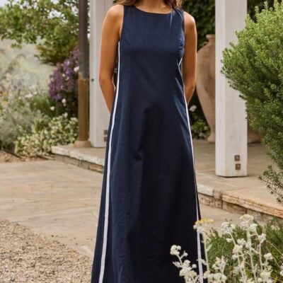 Stories be Told Future Ink Linen Blend Sleeveless Stripe Trim Midi Dress