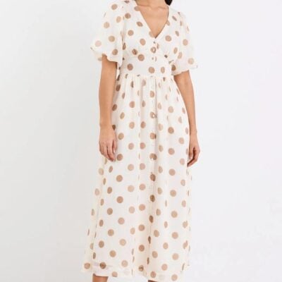 Stories be Told Lisbon Copper Polka Dot Puff Sleeve Midi Dress