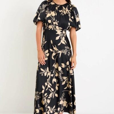 Stories be Told Stage Black Beige Floral Satin Puff Sleeve Floaty Maxi Dress