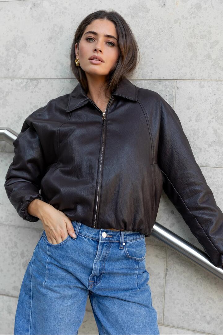 Stories be Told Troupe Chocolate PU Leather Zip Through Bubble Hem Bomber Jacket