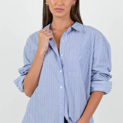 Stories be Told You Got This Blue Navy Stripe Oversized Boyfriend Shirt