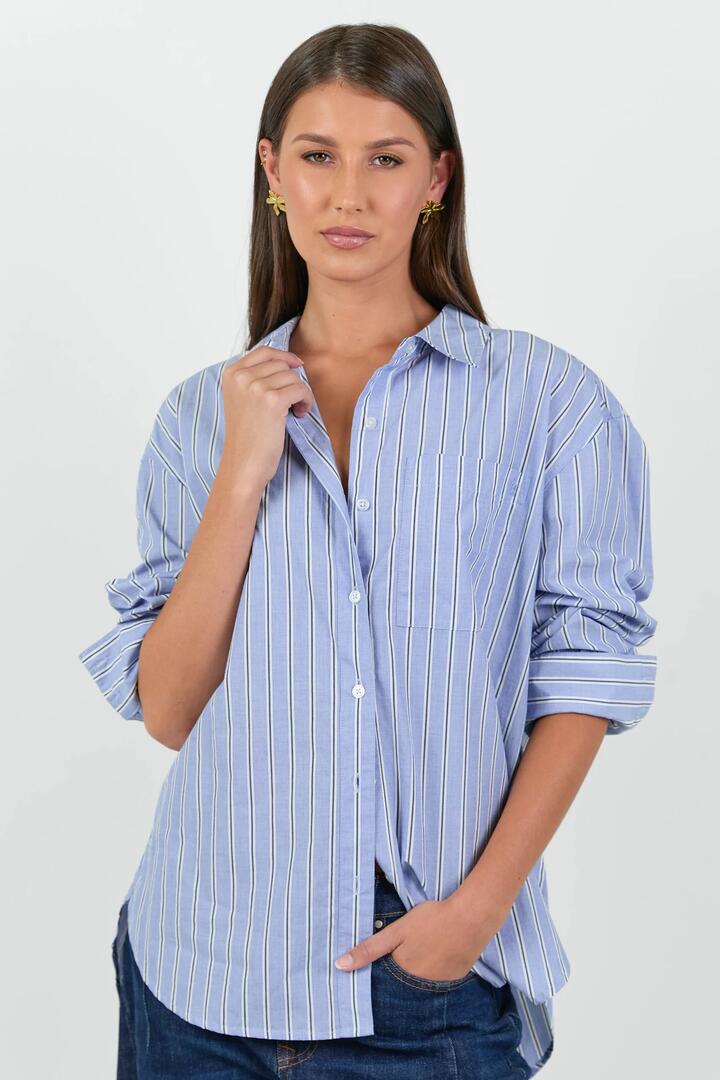 Stories be Told You Got This Blue Navy Stripe Oversized Boyfriend Shirt
