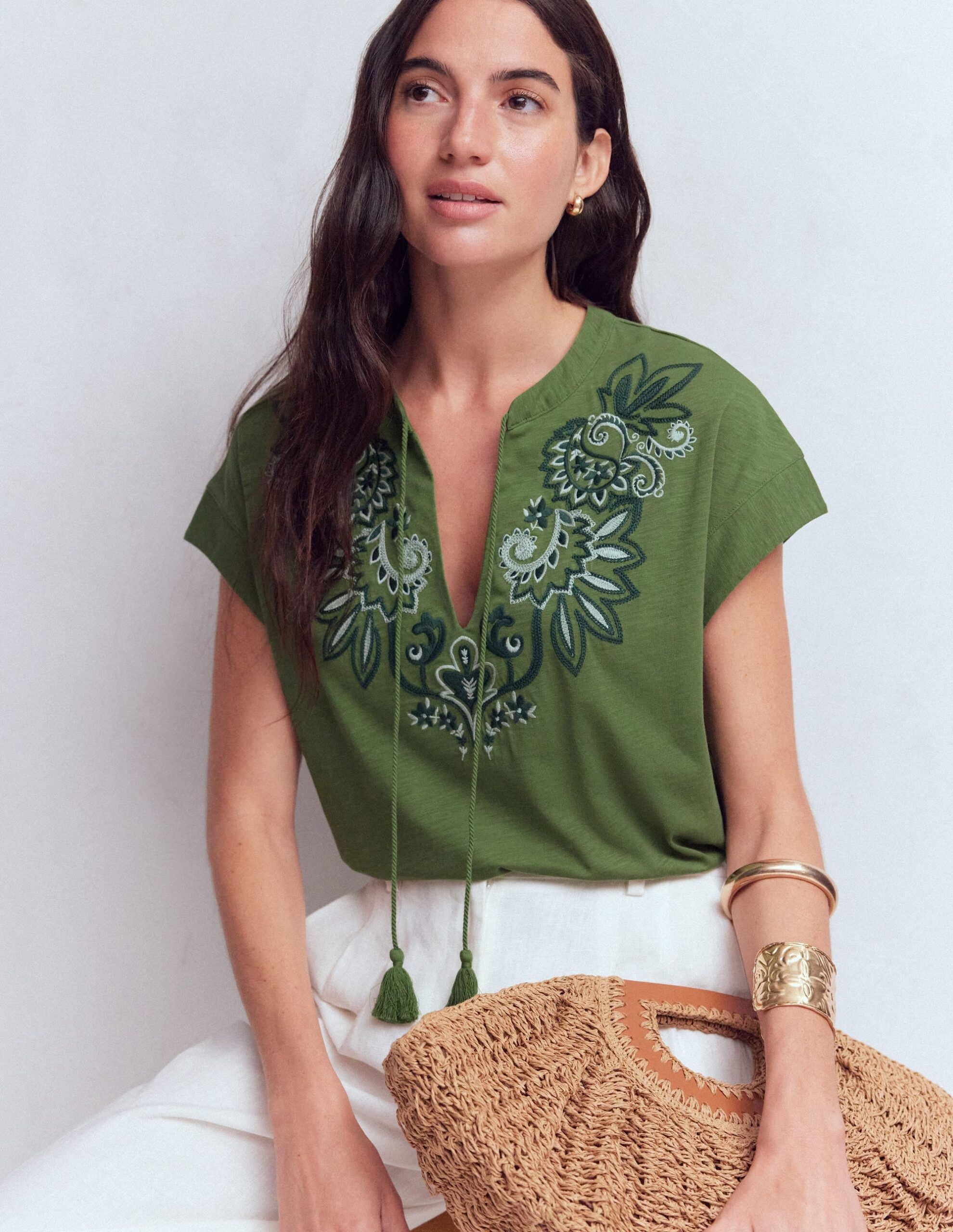 Boden Nina Embroidered Notch T-shirt