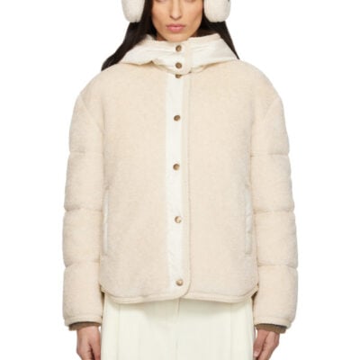Moncler Beige Ciboulette Braided Trim Teddy Hooded Down Jacket
