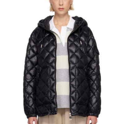 Moncler Black Diamond-Quilted Hooded Short Down Jacket