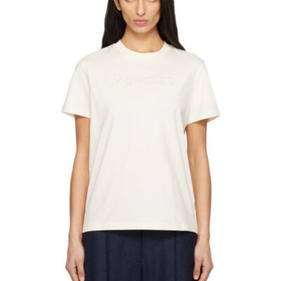 Moncler Off-White Embroidered Tonal Logo Cotton T-shirt