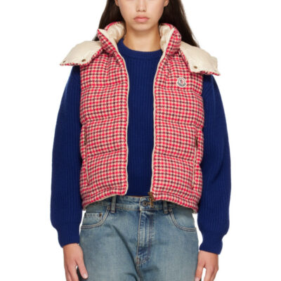 Moncler Red Niverolle Houndstooth Wool Blend Down Vest