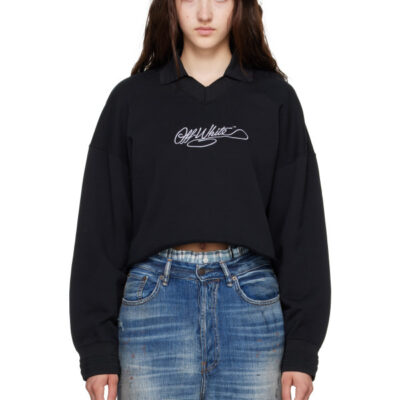 Off-White Black Embroidered Script Crop Polo