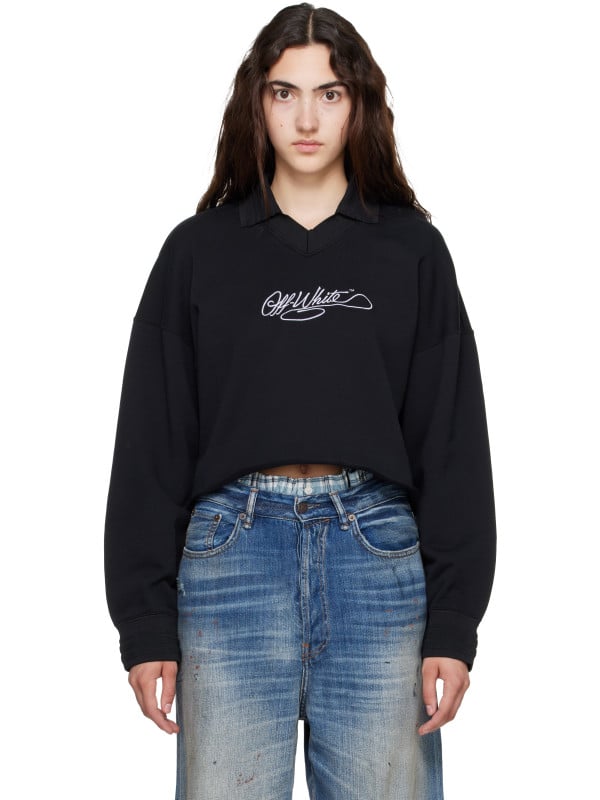 Off-White Black Embroidered Script Crop Polo