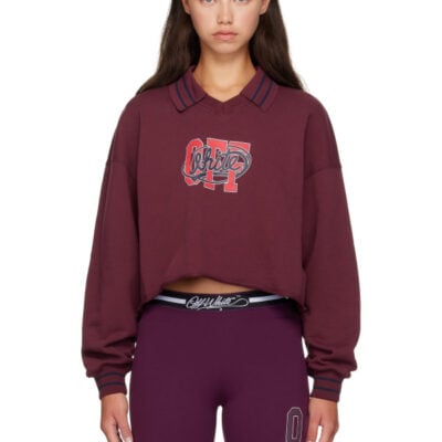 Off-White Burgundy 'Off' College Crop Polo Sweatshirt