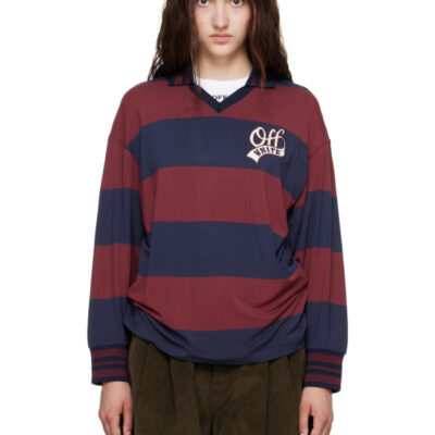 Off-White Navy & Burgundy Striped Interlock L/S Polo