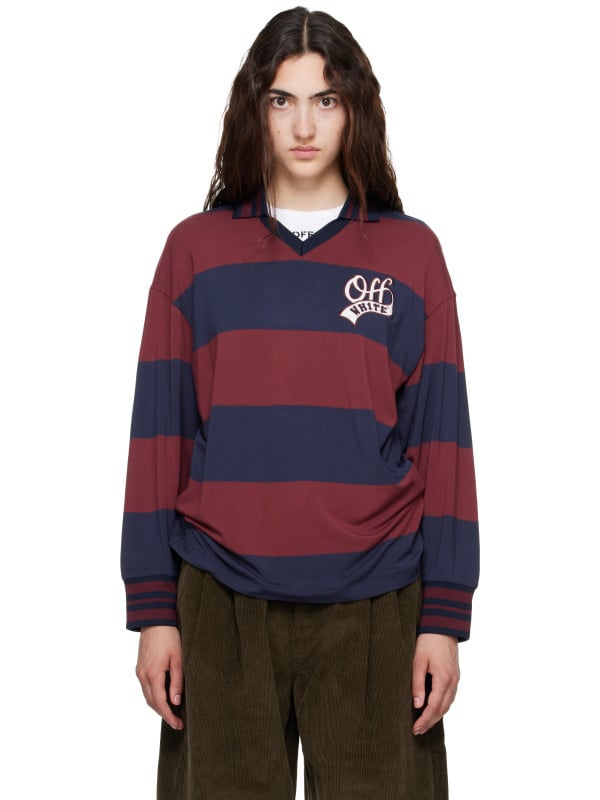 Off-White Navy & Burgundy Striped Interlock L/S Polo