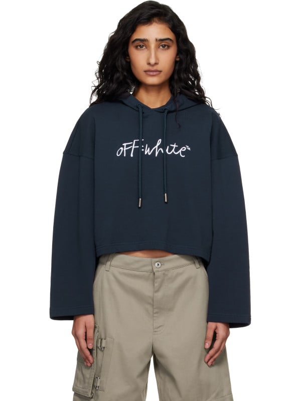 Off-White Navy 'OW' Embroidered Script Indust Hoodie