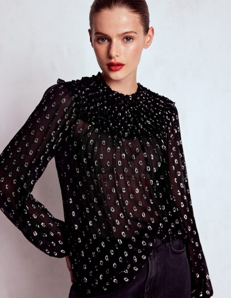 Boden Metallic Ruffle Collar Top