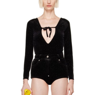 Pushbutton Black Front Self Tie Bodysuit