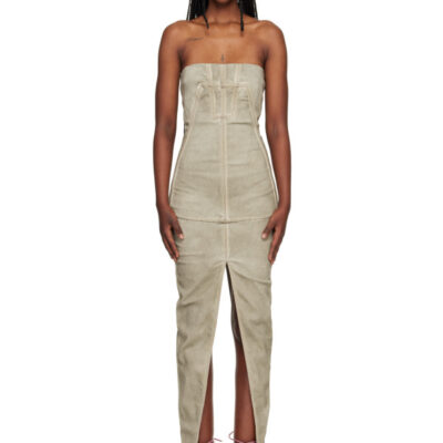Rick Owens DRKSHDW Taupe Temple Sliced Bustier Denim Maxi Dress