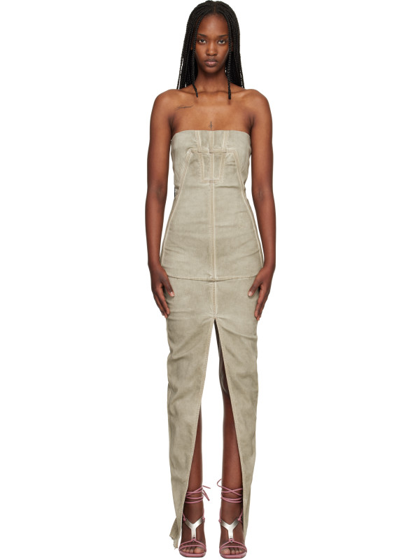 Rick Owens DRKSHDW Taupe Temple Sliced Bustier Denim Maxi Dress