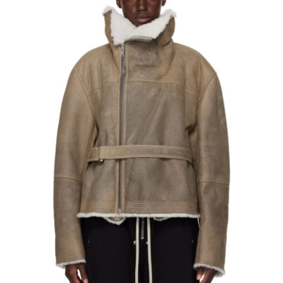 Rick Owens Gray Tower Shearling Cropped Flight Jacket