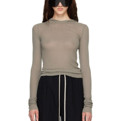 Rick Owens Taupe Tower Cropped Hooded Rib LS T-shirt
