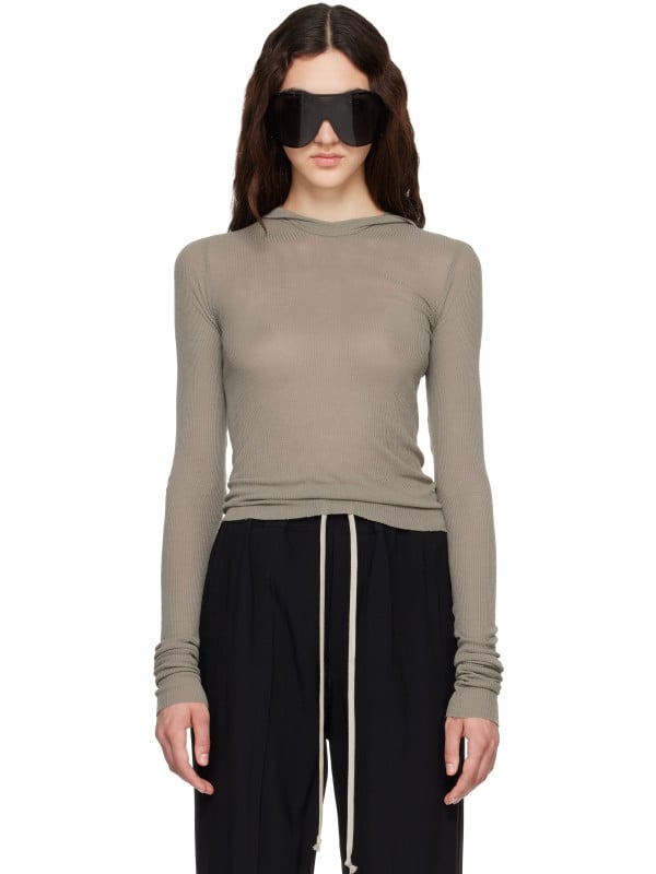 Rick Owens Taupe Tower Cropped Hooded Rib LS T-shirt