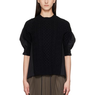 Sacai Black Wool Knit x Cotton Poplin Pullover Sweater