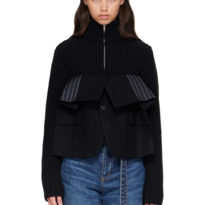 Sacai Black Wool Melton x Wool Knit Blouson Jacket