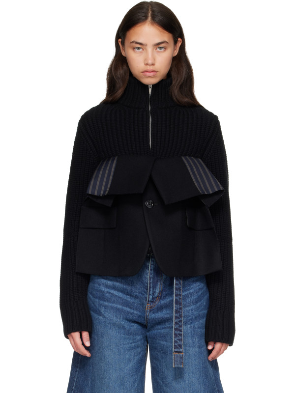 Sacai Black Wool Melton x Wool Knit Blouson Jacket
