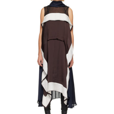 Sacai Brown Satin & Chiffon Midi Dress