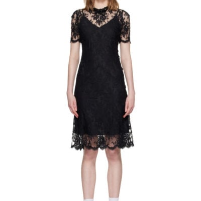 SHUSHU/TONG Black Beaded Lace Short-Sleeve Midi Dress
